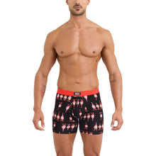 Load image into Gallery viewer, Male model wearing black boxer briefs with festive gnome print and red waistband