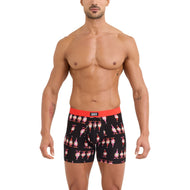 Male model wearing black boxer briefs with festive gnome print and red waistband