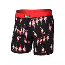 Load image into Gallery viewer, SAXX black boxer briefs with colorful holiday gnome print and red elastic waistband