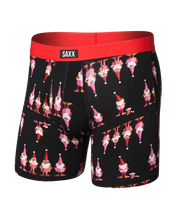 Load image into Gallery viewer, Saxx black boxer briefs with festive gnome print and red waistband, front view