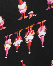 Load image into Gallery viewer, Close-up fabric detail of boxer briefs featuring festive gnome Santa Claus figures on black background