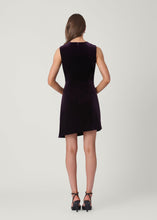 Load image into Gallery viewer, Back view of a sleeveless velvet mini dress with asymmetric hem and back zipper