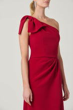 Load image into Gallery viewer, One-shoulder ruby dress with bow detail and draped waist on female model