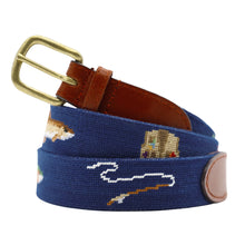 Load image into Gallery viewer, Smathers needlepoint belt with fly fishing motifs on navy canvas and brass buckle