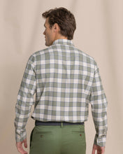 Load image into Gallery viewer, Man wearing long sleeve plaid button-down sport shirt, back view showing full garment