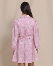 Load image into Gallery viewer, Back view of a long-sleeve mini shirt dress with pink floral butterfly print and belted waist