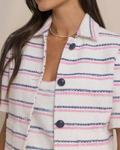 Load image into Gallery viewer, Close-up detail of striped tweed jacket with navy buttons and contrast pink and navy stripes
