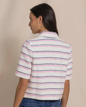 Load image into Gallery viewer, Back view of woman wearing white striped tweed jacket with pink and navy horizontal stripes