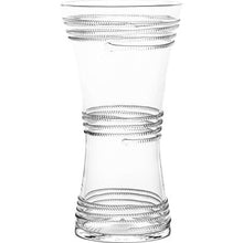Load image into Gallery viewer, Clear glass corset-shaped vase with decorative ridged rope detail bands around exterior