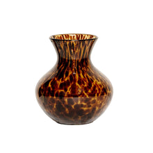 Load image into Gallery viewer, Juliska squat glass vase with mottled tortoiseshell pattern and flared opening, approximately six inches tall