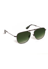 Load image into Gallery viewer, Aviator-style folding sunglasses with dark metal frame and gradient green lenses, angled view