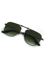Load image into Gallery viewer, Folded aviator-style sunglasses with dark metal frame and gradient green lenses