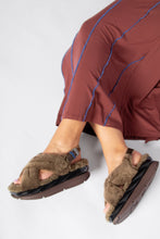 Load image into Gallery viewer, Fuzzy mocha brown cross-strap sandals with chunky platform sole worn with rust trousers