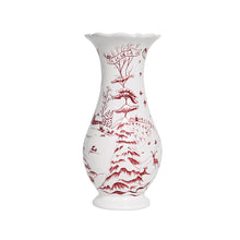 Load image into Gallery viewer, Tall white ceramic vase with red winter toile scenic design and ruffled rim