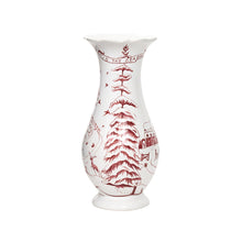 Load image into Gallery viewer, White ceramic vase with ruby red winter scene featuring snow-covered trees and reindeer
