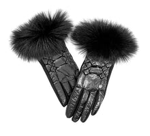 Load image into Gallery viewer, Pair of black quilted leather gloves with fluffy fox fur trim at the wrist