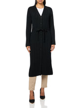 Load image into Gallery viewer, Woman wearing a long black ribbed button-front cardigan with tie belt and V-neckline