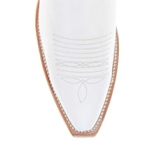 Load image into Gallery viewer, Close-up detail of white western cowboy boot toe with decorative stitching and leather welt
