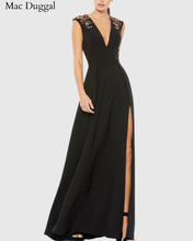 Load image into Gallery viewer, Black Beaded Cap Sleeve V Neck Gown