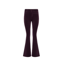 Load image into Gallery viewer, High-rise flare leg pants in deep burgundy with classic five-pocket styling