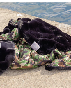 Pretty Rugged TS Luxe Black Faux Fur Blanket with Camo Satin