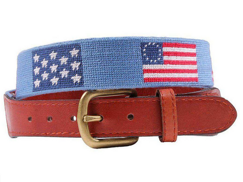 Smathers & Branson Men's Needlepoint Belt Flags of The Father Light Blue